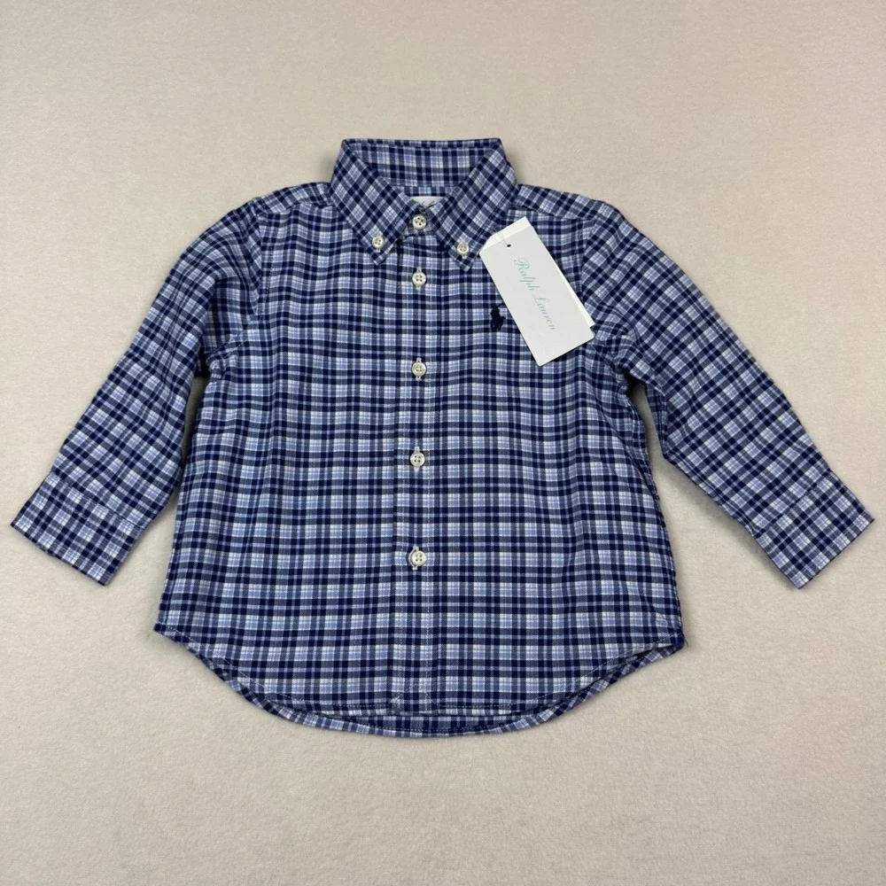 Ralph Lauren Baby Boy Plaid Button‎ Down Shirt 6M Blue Navy Long Sleeve